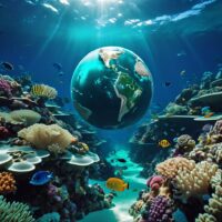 Ilustración del Día de la Tierra que muestra un planeta Tierra sumergido en el océano, rodeado de una abundante biodiversidad marina, destacando la importancia de los ecosistemas oceánicos y la necesidad de su conservación y uso sostenible.