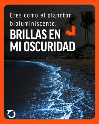 Tarjeta de San Valentín plancton bioluminiscente brillando en un fondo oscuro marino, texto: 'Eres como el plancton bioluminiscente, brillas en mi oscuridad'