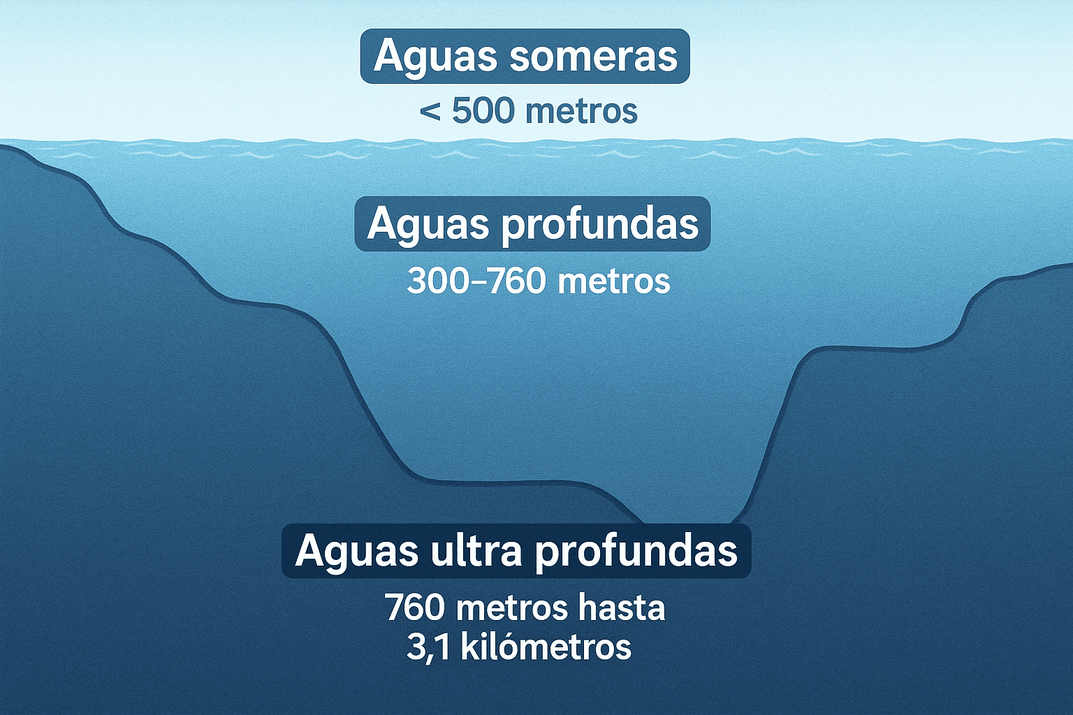 Diagrama ilustrativo de las zonas marinas del Golfo de México: aguas someras (0-500m), aguas profundas (300-760m) y aguas ultra profundas (760m-3.1km) para exploración petrolera